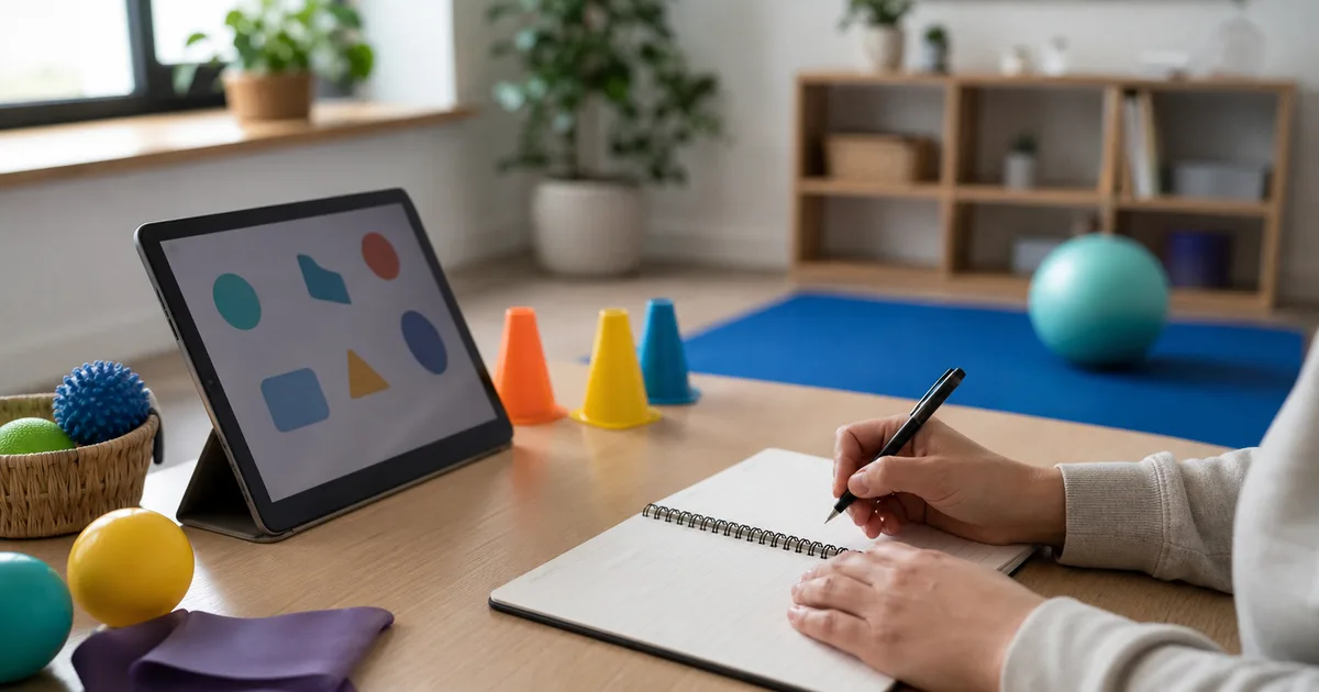 Material de entrenamiento neurocognitivo con tablet, conos, pelota y registro de progreso